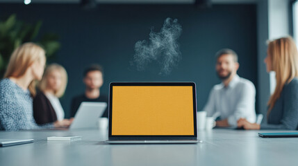 A team meeting in a modern office with a laptop on the table, emitting steam, indicating creativity or brainstorming.