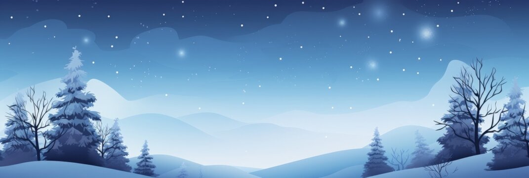 Snowy winter landscape, starry night, hills, trees.  Holiday card