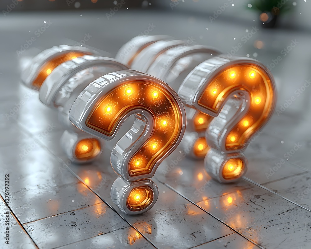 Aufkleber glowing question marks floating above minimalist conference room during brainstorming session