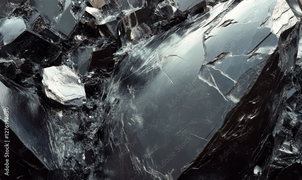 Aufkleber close-up view of shiny black obsidian rock formation with intricate textures and patterns