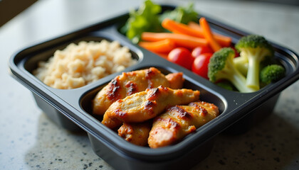 modern takeout container with compartments, lunch to go, eco-friendly meal, Modern takeout container with grilled chicken, rice, and fresh vegetables for healthy dining