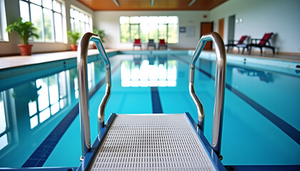 swimming pool for the disabled, rehabilitation-focused swimming pool,  Indoor swimming pool with accessibility features for disabled individuals and comfortable seating area