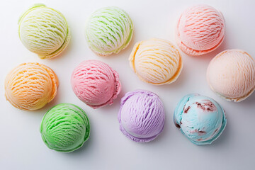 Obraz premium Assorted colorful ice cream scoops on white background