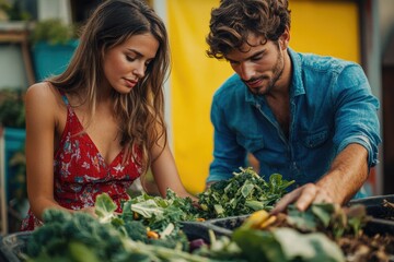 Obraz premium A young couple carefully sorts and adds fresh greens to a compost bin, cultivating a sustainable lifestyle.