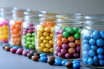 Colorful candy-coated chocolates in glass jars arranged in a row
