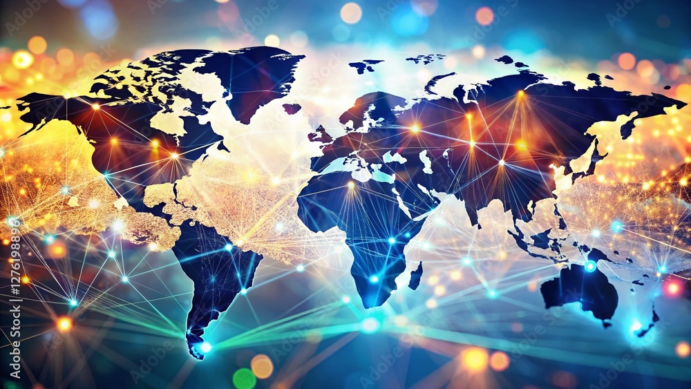Aufkleber global business intelligence: big data analytics & world map network connections bokeh