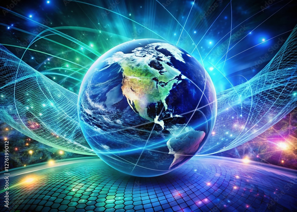 Poster global data network: binary code double exposure stock photo