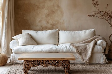 Minimalist, modern Scandinavian interior design in the living room with tables and sofas. Generative AI
