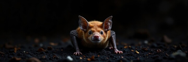 Strange-looking bat crawling on dark ground in low light  