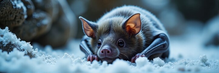 Bat resting on snow with rocky background in winter setting  