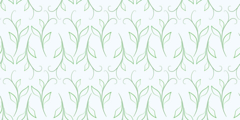 Light floral seamless pattern. Green leaves silhouettes on gray background. Natural delicate colors vintage background. Young curved shoots with leaves.