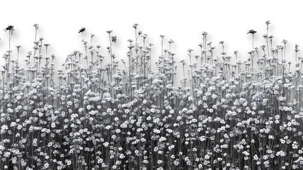 Fototapeta premium Monochromatic Field of Flowers and Birds