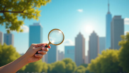 hand holding a magnifying glass to check the good air quality and clean outdoor air quality safe from pollution dust PM 2.5	
