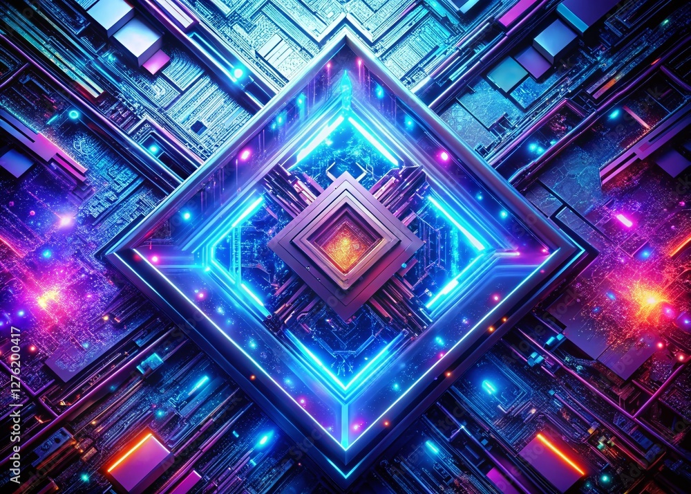 Poster glowing cybernetic core: intricate circuitry and square light source - futuristic tech stock photo