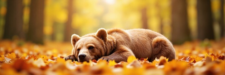 Fototapeta premium Brown bear lying on colorful autumn leaves in a tranquil forest 