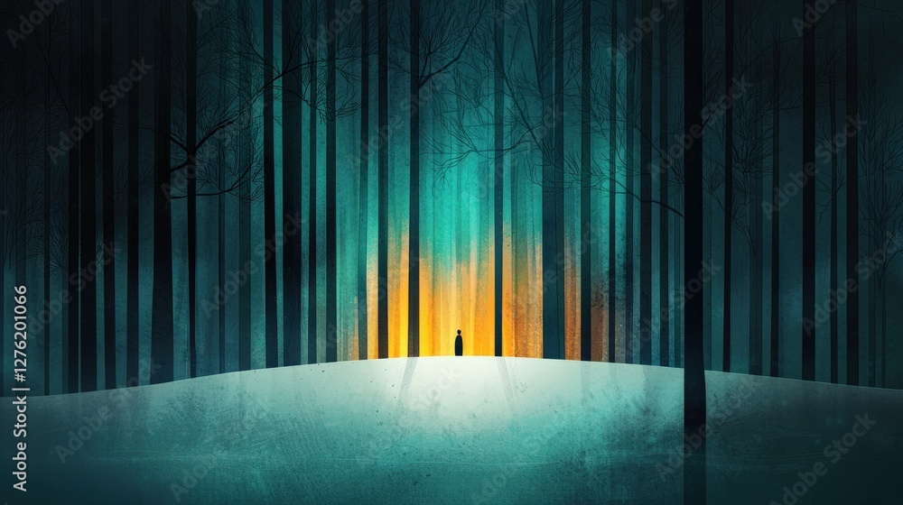 Poster a person is standing in a forest with trees in the background