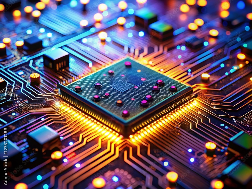 Poster glowing microchip closeup: high-tech circuit board with bokeh background
