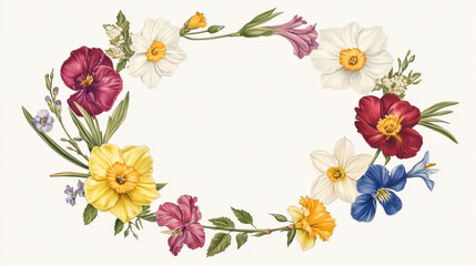 Natural flower bloom iris daffodil rose wreath illustration greeting card vector seamless pattern background blossom