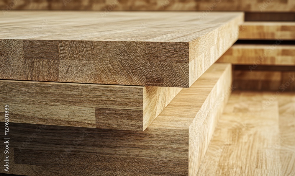 Poster close-up view of stacked wooden planks showcasing texture and grain patterns in a workshop