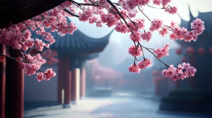 Beautiful cherry blossom flower and vintage building in Spring.