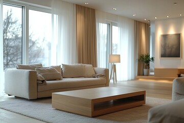A modern minimalist interior in the living room with sofa and table views. Generative AI
