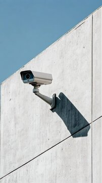 Security camera mounted on a concrete wall with a clear blue sky background in a modern urban setting