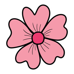 Hand drawn cartoon pink flower on white background.