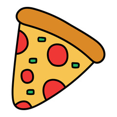 Hand drawn cartoon slice of pizza on white background.