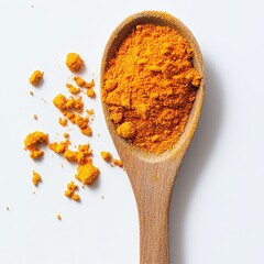 Aromatic Turmeric Powder in Wooden Spoon.