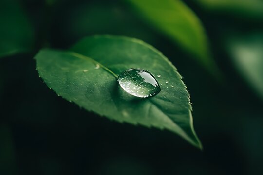 A single water drop resting on a vibrant green leaf