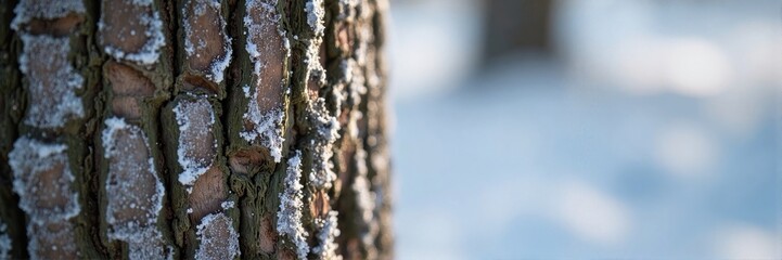 Obraz premium Winter tree bark covered with frost in snowy landscape 