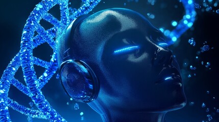 Robotic face on of headphones on dna blue background.