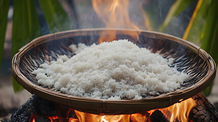 Traditional cooking scene, steaming rice in a woven basket over an open flame, vibrant greenery in the background, inviting atmosphere.