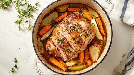 Playful scene of roast with pork parsnips, onions, cider sauce in Dutch oven on bright, clean surface. Natural light enhances vivid colors fresh appearance with minimal decor for fun inviting visual