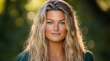 Naklejka premium Close up portrait of a young woman with long, wavy light brown hair and green eyes. She is wearing a dark green shirt and is smiling softly. The