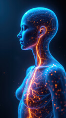 Vagus Nerve Stimulation - Illustrated 3D rendering of a human head with glowing blue and orange highlights representing VNS and its effects on the nervous system.