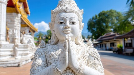 Close up view of a serene white statue with hands clasped in prayer, situated outdoors at a temple. The background features traditional architecture