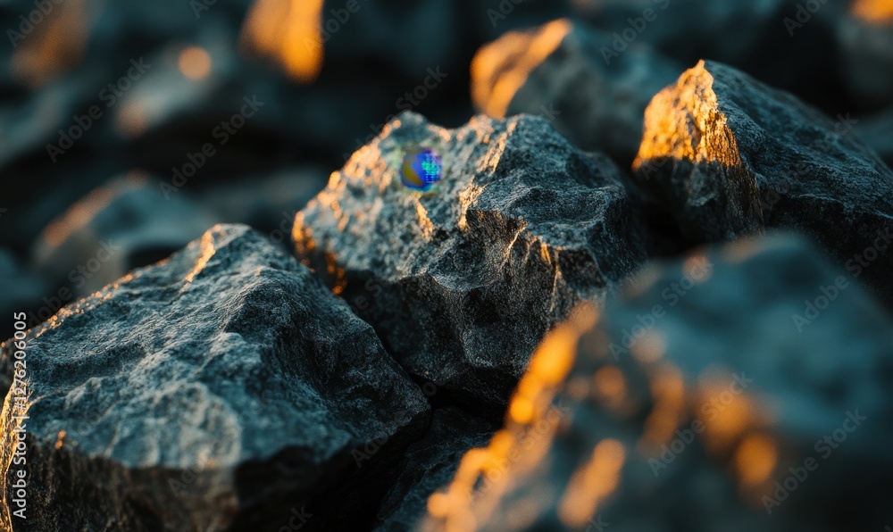 Poster close-up view of textured rocks illuminated by warm sunlight, showcasing unique colors and patterns