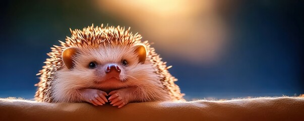 Cute hedgehog resting, sunset backdrop, textile surface, pet image