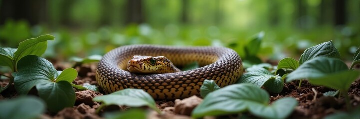 Obraz premium Alert snake lying coiled on forest floor among green leaves