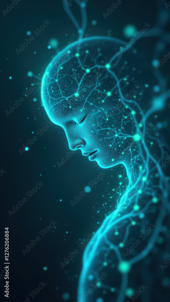 Poster the image features a stylized depiction of a human head with a glowing brain encircled by a network 