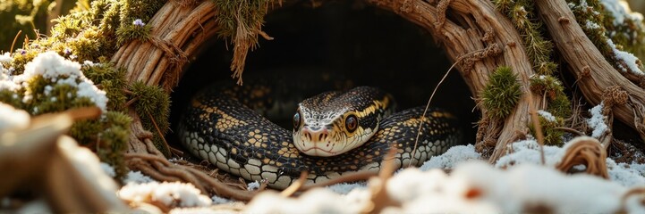 Snake resting cautiously inside mossy log with snow background