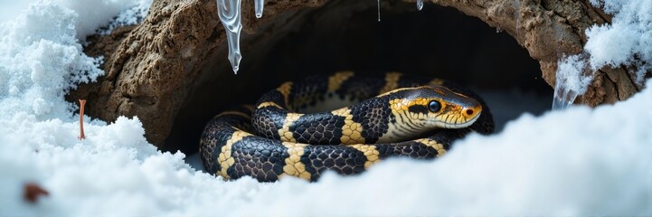 Obraz premium Black and yellow snake resting cautiously in snowy cave background
