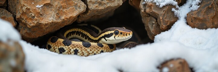 Fototapeta premium Yellow-spotted python resting alertly among rocks in snow background