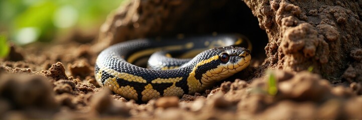 Obraz premium Snake basking peacefully near burrow on sunlit earthy ground
