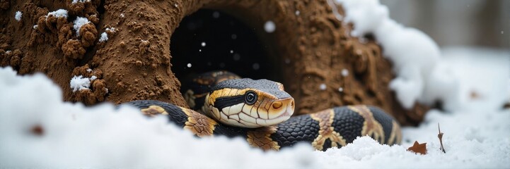 Fototapeta premium Snake looking out alertly from earthen burrow with falling snow
