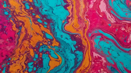 A vibrant abstract composition with swirling patterns of turquoise, orange, and pink hues, resembling a fluid art piece.