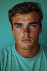Fototapeta premium Young man with striking blue eyes poses against a teal background in a casual setting