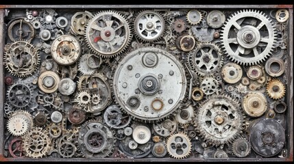 Detailed Close Up of Rusted and Aged Gear Wheels Arranged on Dark Background