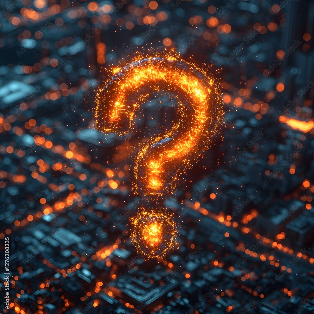 Poster glowing question and exclamation marks intertwined over financial data visualization